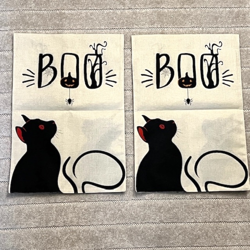 Set of 2 Halloween Pole Pocket Decorative Flag Black Cat with BOO Linen